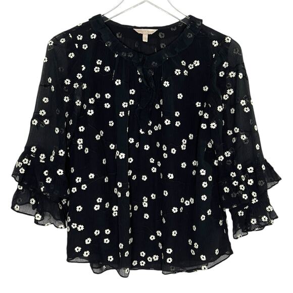 Rebecca Taylor 4 Alessandra Floral Daisy Print Textured Top Black White - Picture 1 of 10